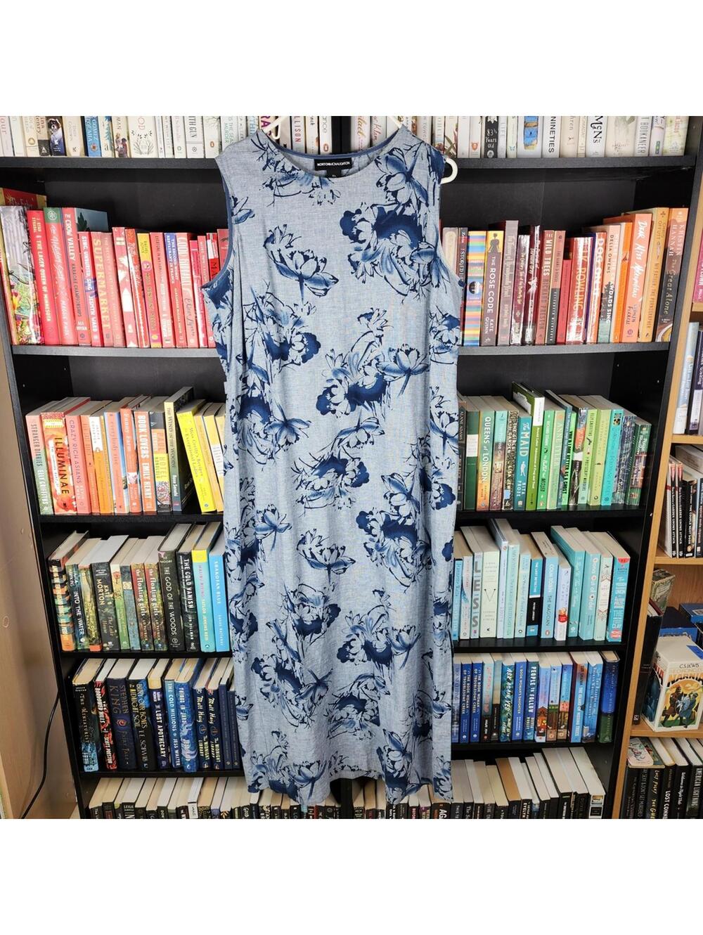 Norton McNaughton Blue Floral Linen Cotton Sleeveless Maxi Dress XL
